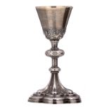 A French Gothic Revival silver chalice, 925/000, with a small champlevé enameled cross to the