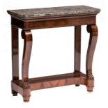 A French mahogany console with a gray St. Anne marble top, about 1840, H 98 - W 97 - D 40 cm