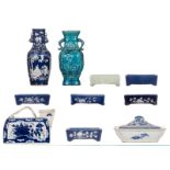 Six Chinese celadon and blue ground floral decorated jardinieres, a quadrangular jar and a vase,