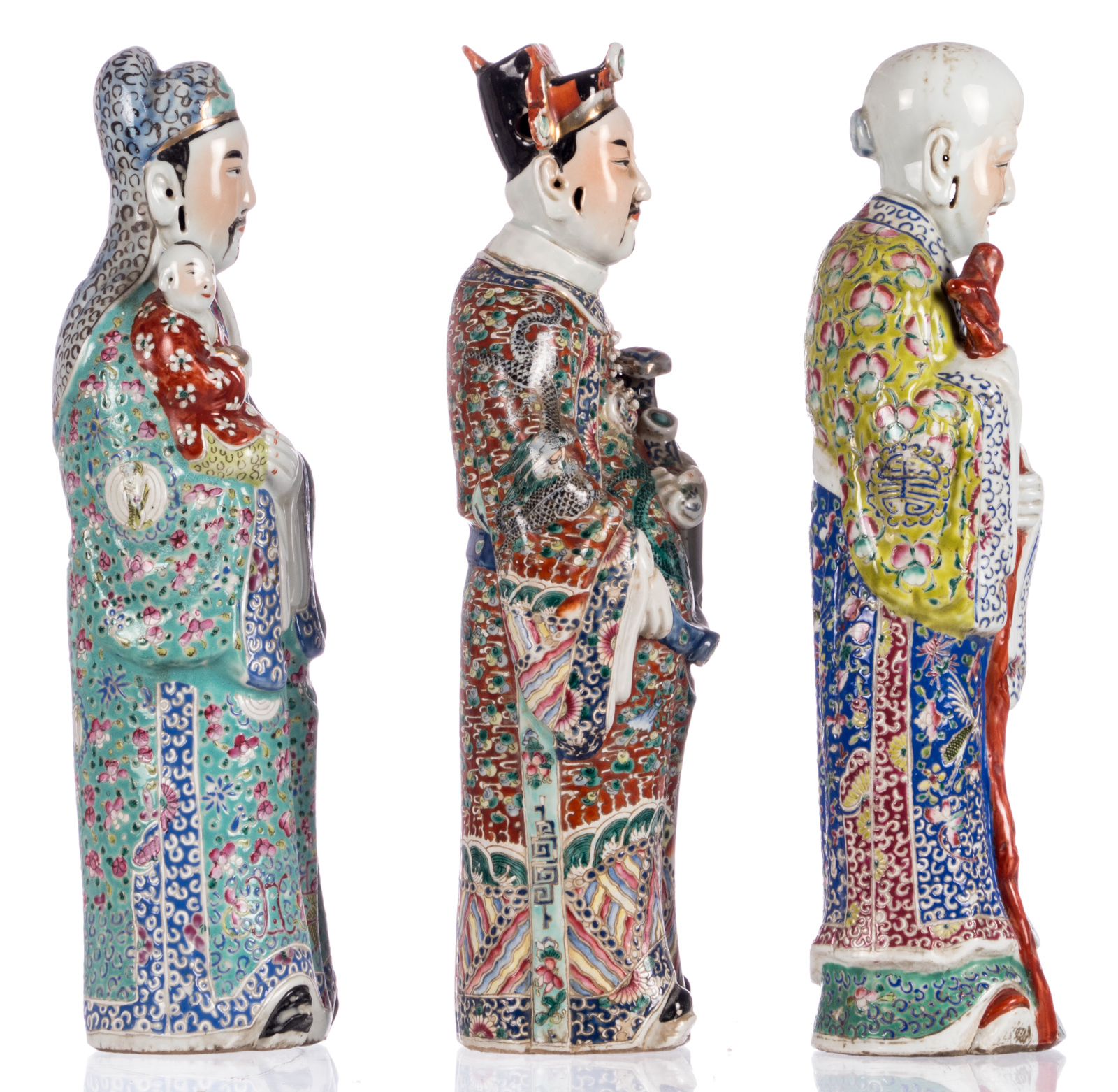 Three Chinese polychrome decorated 'Fu Lu Shou Xing' figures, one marked, about 1900, H 46 cm - Bild 2 aus 8