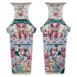 A pair of famille rose quadrangular vases, decorated with animated scenes and court scenes, 19thC, H