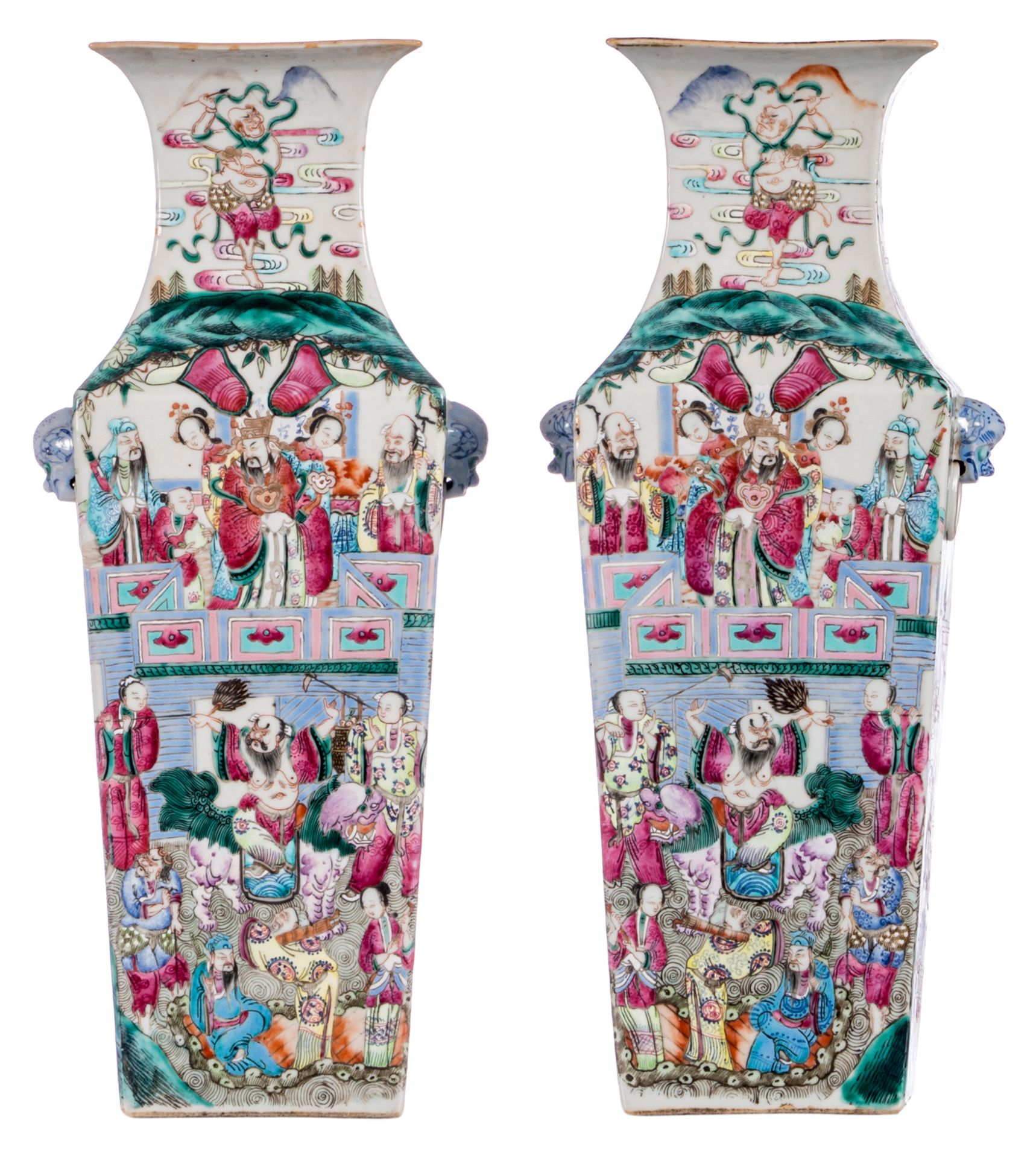 A pair of famille rose quadrangular vases, decorated with animated scenes and court scenes, 19thC, H