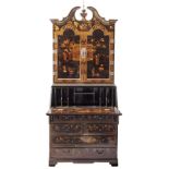 A 20thC English Queen Anne bureau-bookcase, overall decorated with Chinese lacquer, H 228 - W 81 - D