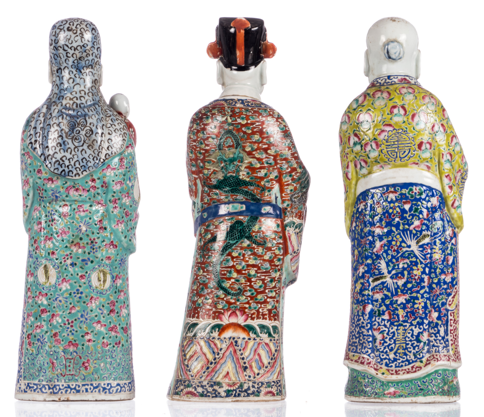 Three Chinese polychrome decorated 'Fu Lu Shou Xing' figures, one marked, about 1900, H 46 cm - Bild 3 aus 8