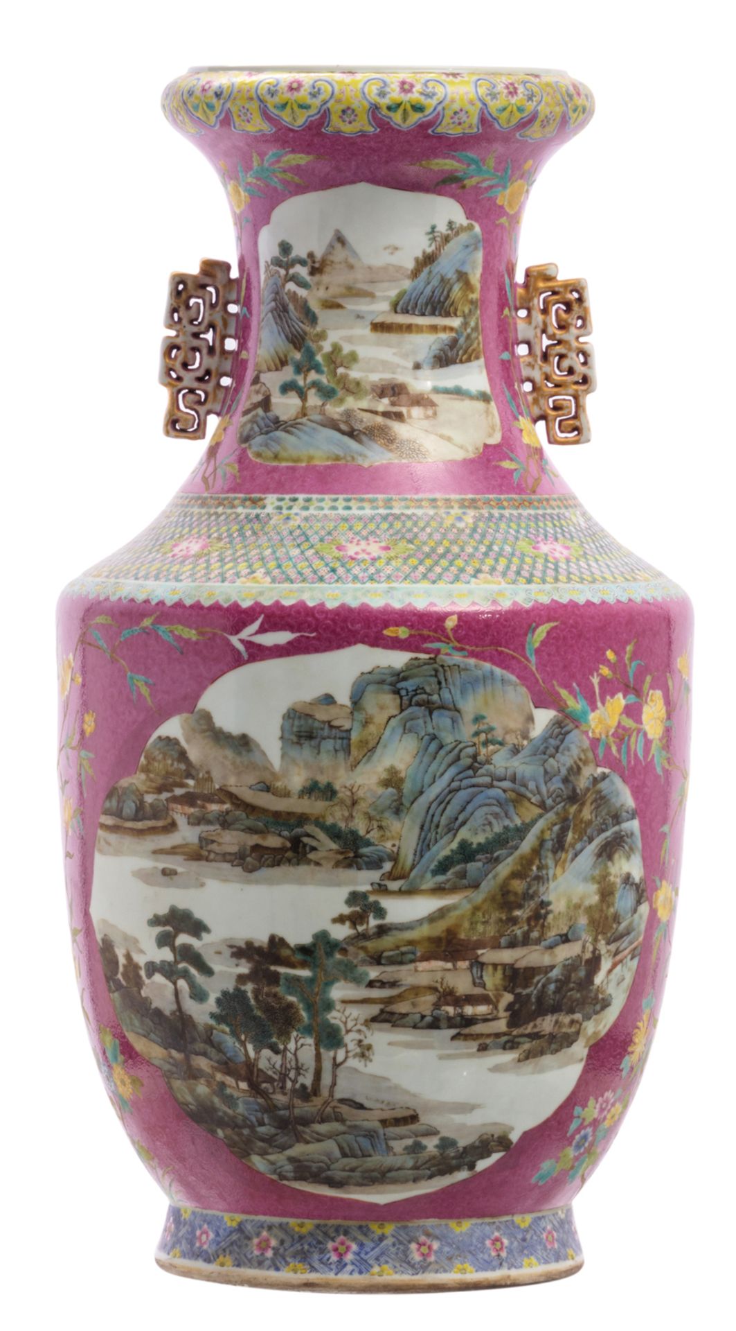 A Chinese pink ground floral incised famille rose and polychrome begonia shaped vase, the roundles