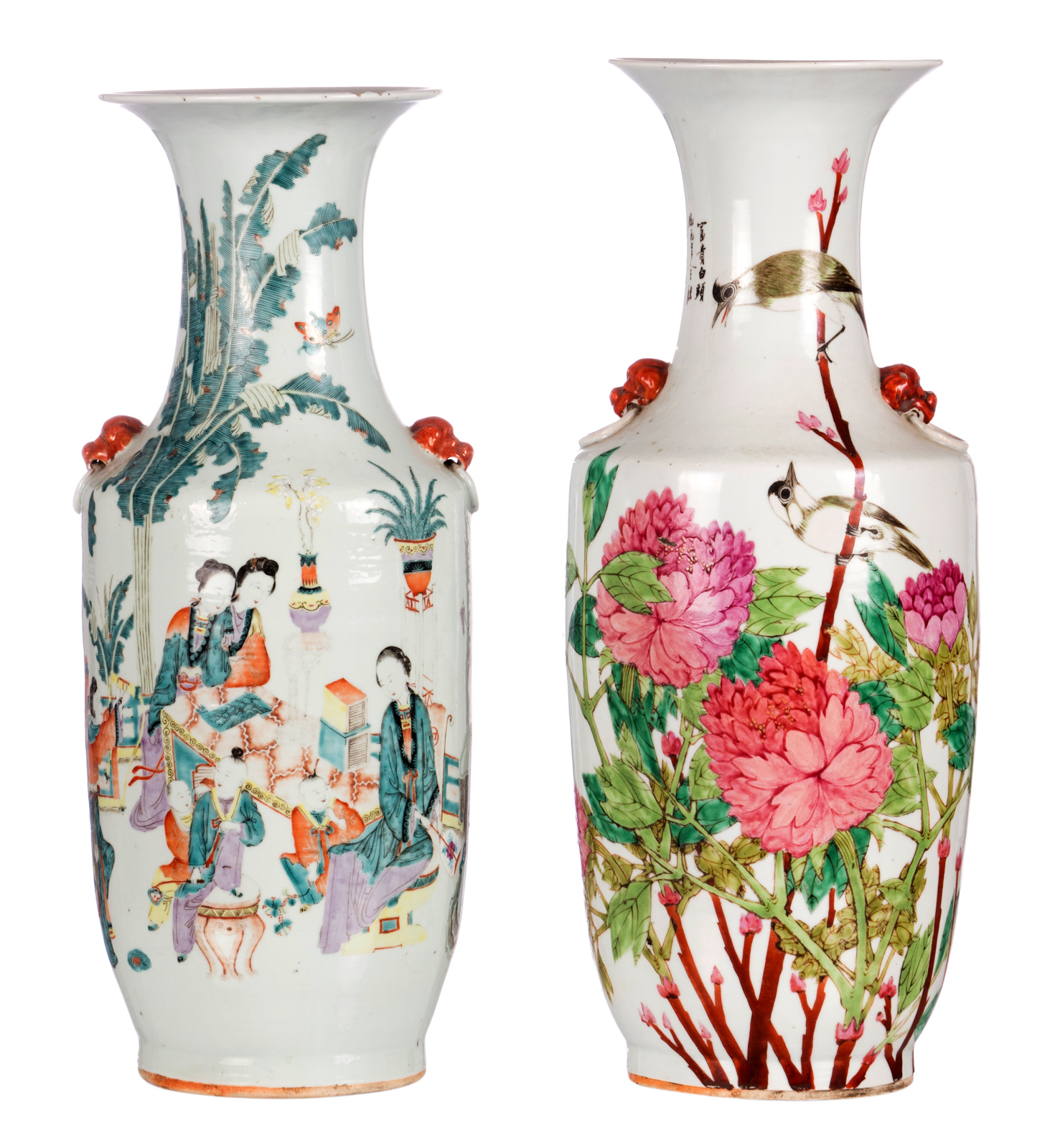 Two Chinese polychrome and famille rose decorated vases, one with an animated scene, one with