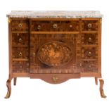 A French Neoclassical chest of drawers, rosewood, mahogany and kingwood, with marquetry and a marble