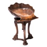 A rare walnut piano stool with a Venus shell shaped seat, late 19thC, H 22,5 - W 41 - D 49 cm