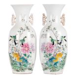 A pair of Chinese famille rose vases, both sides decorated with birds on flower branches and