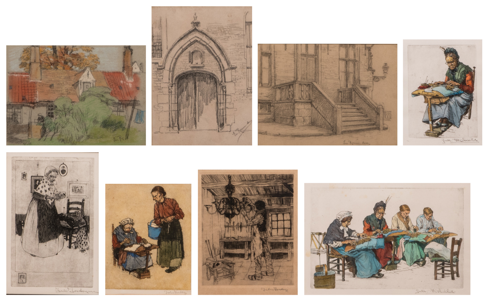 A fine lot of graphic art by Bruges artists consisting of three drawings by E. Rommelaere (one