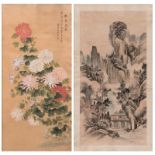 Two Chinese scrolls, watercolour on textile, one scroll depicting a mountainous landscape and one