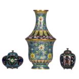 A Chinese floral decorated cloisonné enamel decorative vase and two ditto pots and covers, H 10 - 35