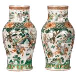 Two Chinese famille verte begonia shaped vases, overall decorated with a warrior scene, 19thC, H