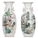 Two Chinese polychrome decorated vases, one side with a gallant garden scene and one vase with