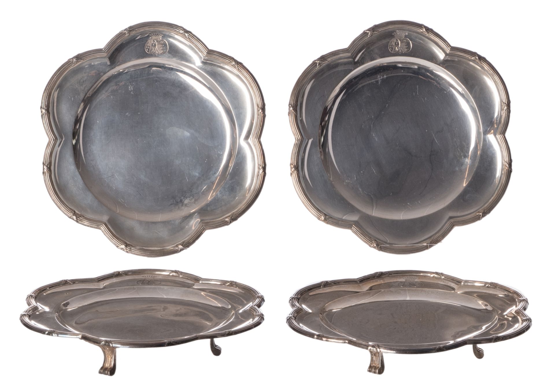 Four silver plates with six-lobed edges, silver purity 800/000, Belgium 1868-1942, maker's mark