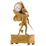 An early 19thC gilt bronze mantle clock, depicting on top a cupid, marked 'Diot & Gobay à Paris',