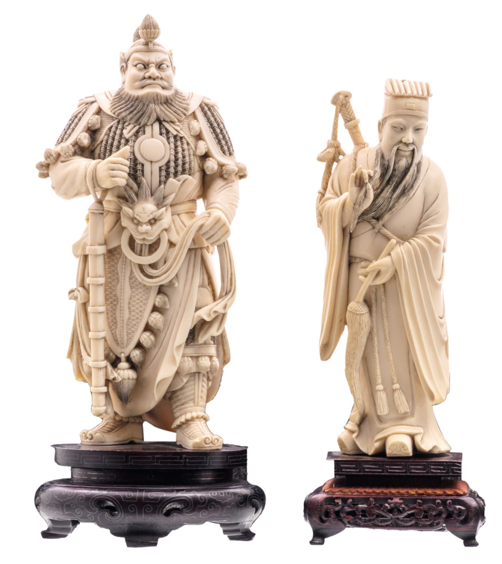 Two Chinese carved ivory figures of the Immortal Lu Dongbin and the warrior Guan Yu, both on a