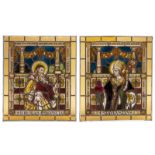 Two rectangular polychrome stained glass panels depicting S. Augustinus and Ierimias Phropheta, (