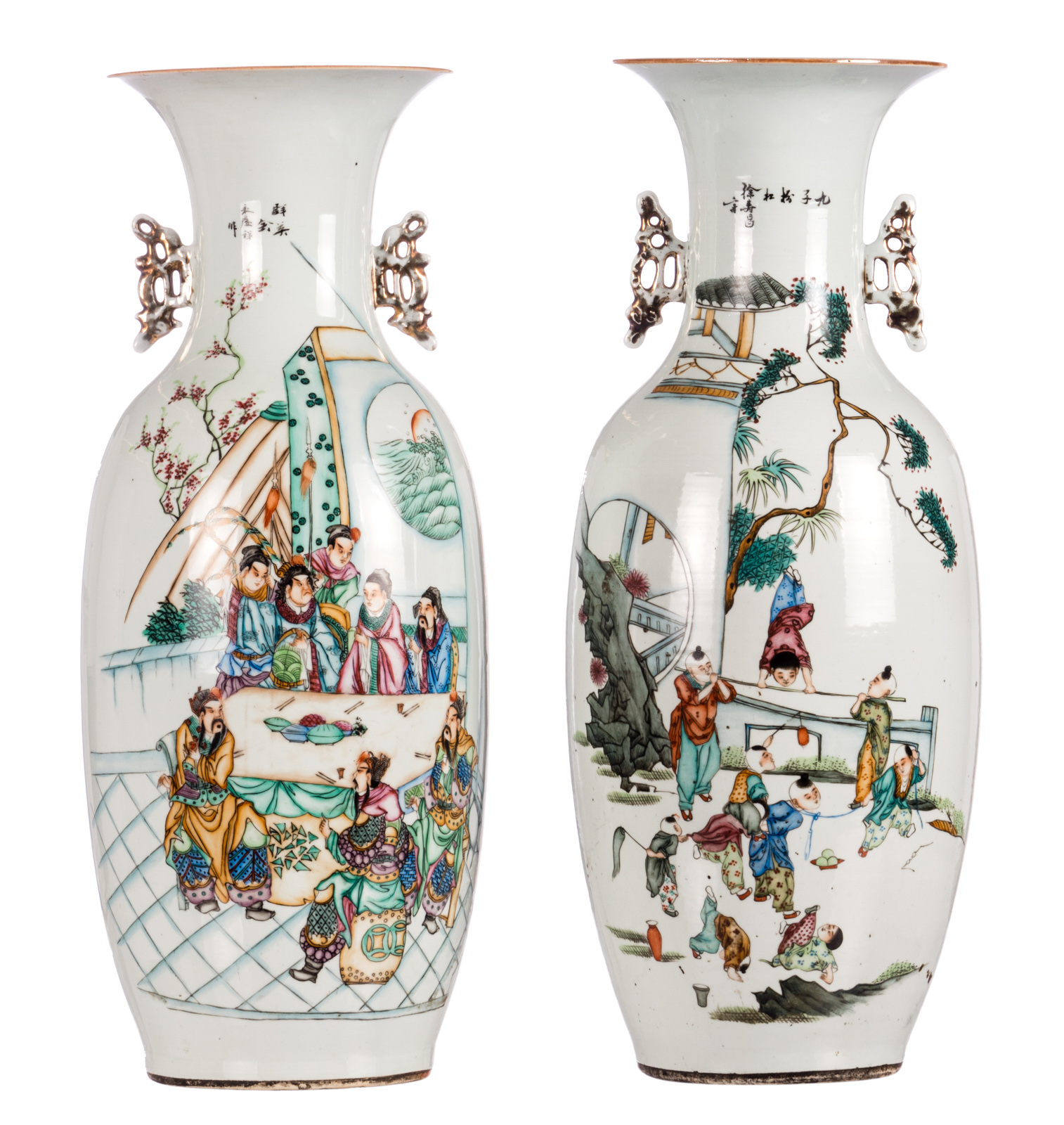 Two Chinese vases, polychrome and famille rose decorated, with an animated scene, playing children