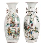 Two Chinese vases, polychrome and famille rose decorated, with an animated scene, playing children