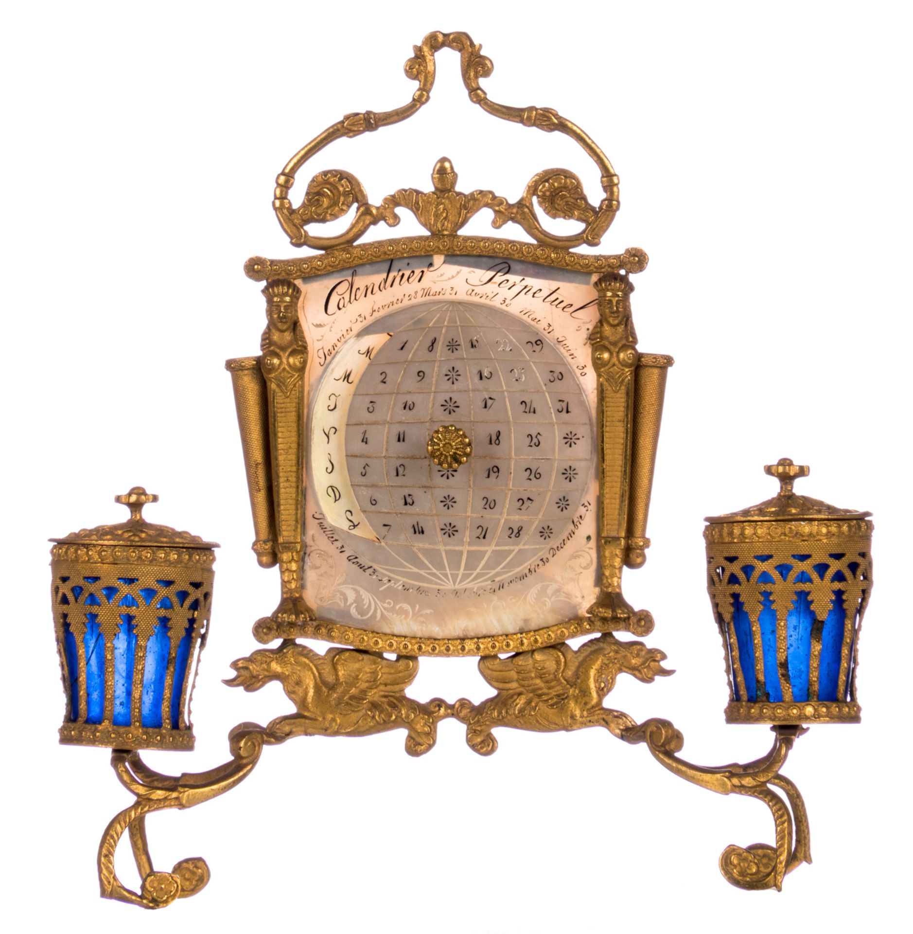 A rare inkwell as 'calendrier perpétuel', gilt brass and mother of pearl, with its original glass