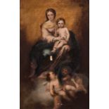 Unsigned, Our Lady and Child seated on a with angels crowded cloud, oil on canvas, 67 x 102 cm