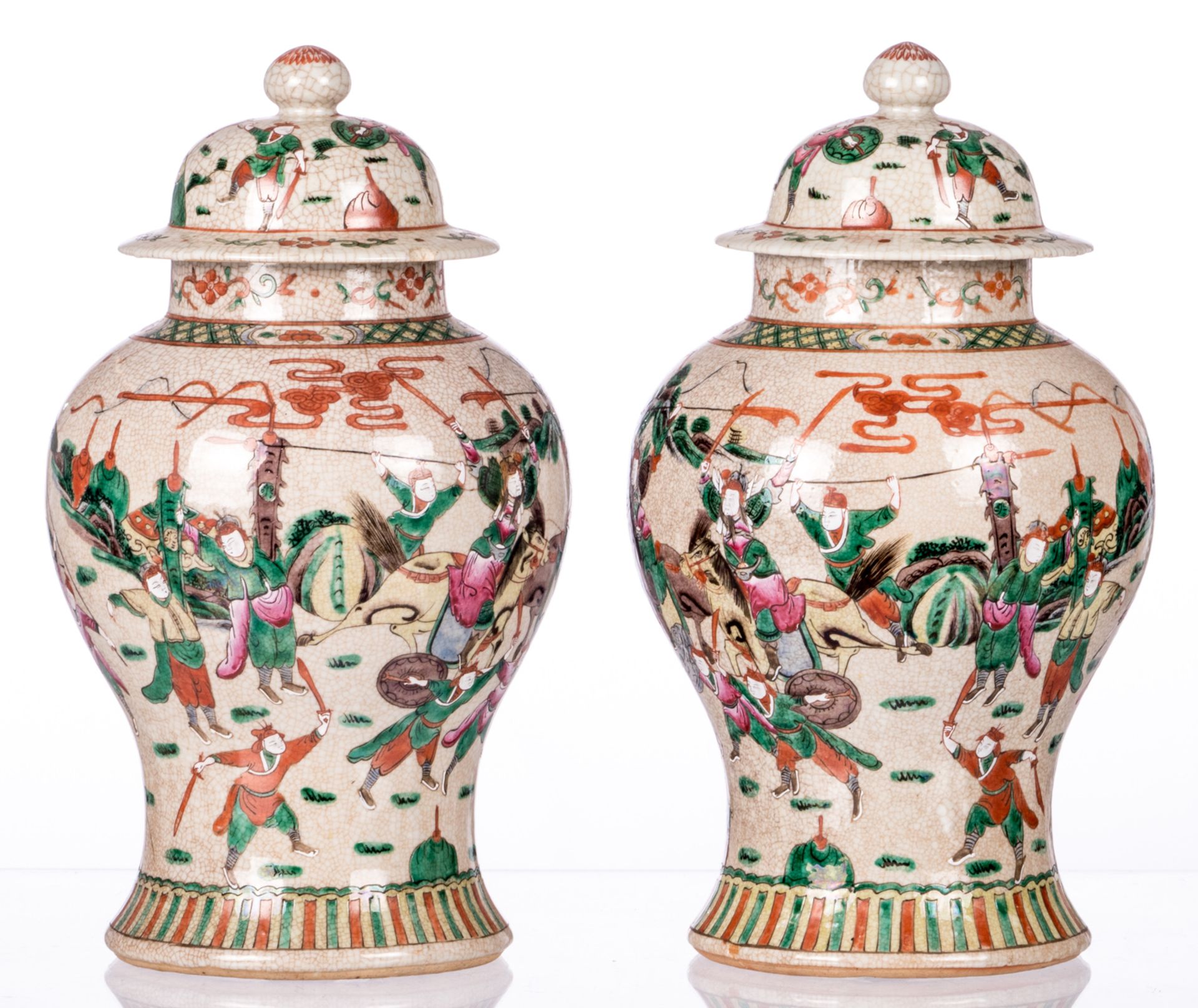 A pair of Chinese stoneware vases and covers, overall polychrome decorated with warrior scenes, - Image 3 of 19