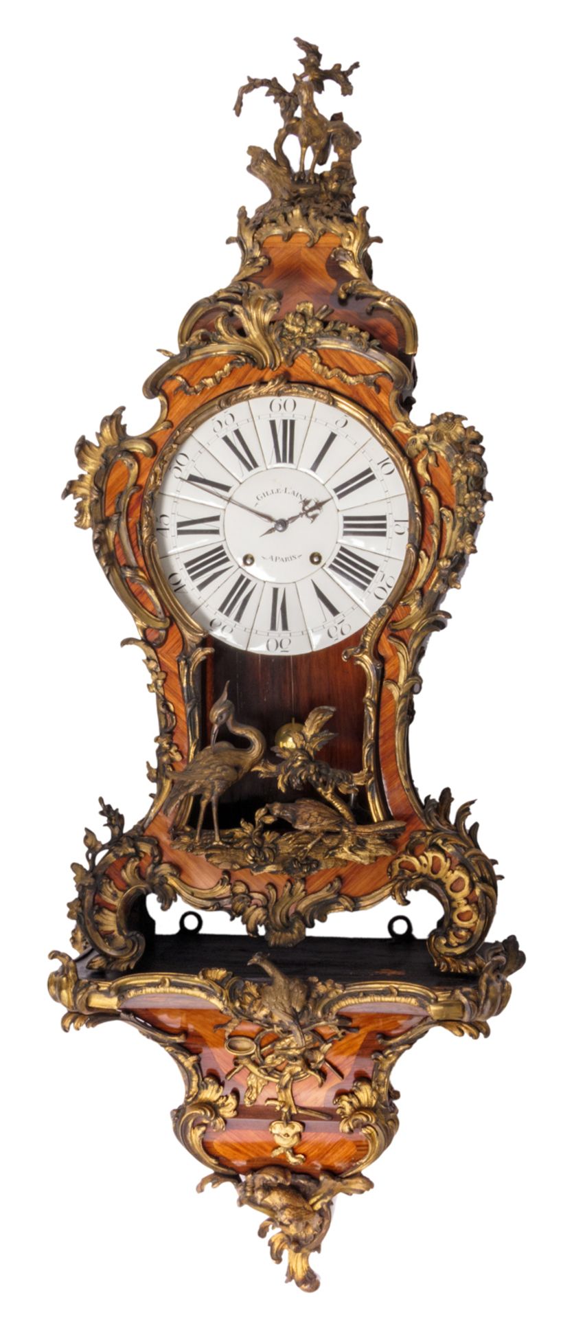 A second half of the 18thC French rosewood and kingwood cartel clock with bronze mounts, the dial