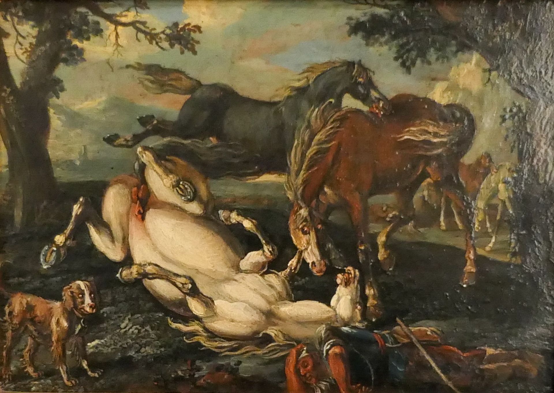 ... Abraham (?), an animated horse study, signed and dated 1727 on the back, oil on metal, 16 x 22,5