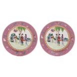 Two Chinese polychrome and famille rose decorated plates with a gallant garden scene, ø 45 cm