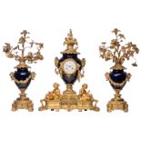 A late 19thC bleu royal three-piece garniture, gilt bronze mounts, the work marked 'Dupon-Paris',