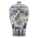 A Chinese blue and white overall decorated Meiping vase with an animated scene and floral motifs,