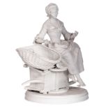 Latour, a resting girl, biscuit, marked Daum, on a yellow Sienna marble base, H 39 - W 28 - D 26 cm
