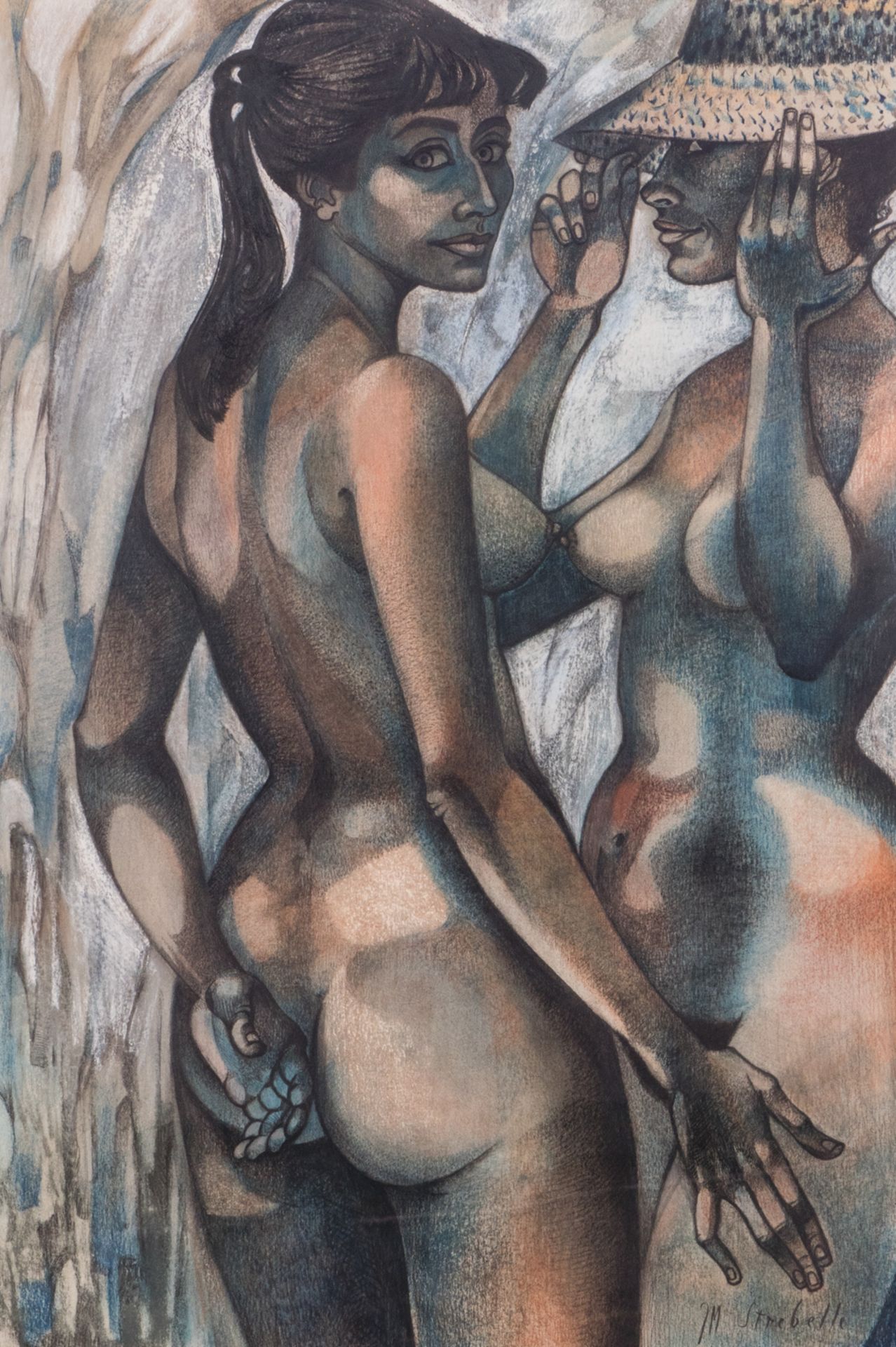 Strebelle J.-M., the bathers, charcoal and pastel, 77 x 113 cm