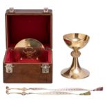 A French gilt silver chalice and matching paten + two spoons, 925/000, maker's mark (A. Debain),