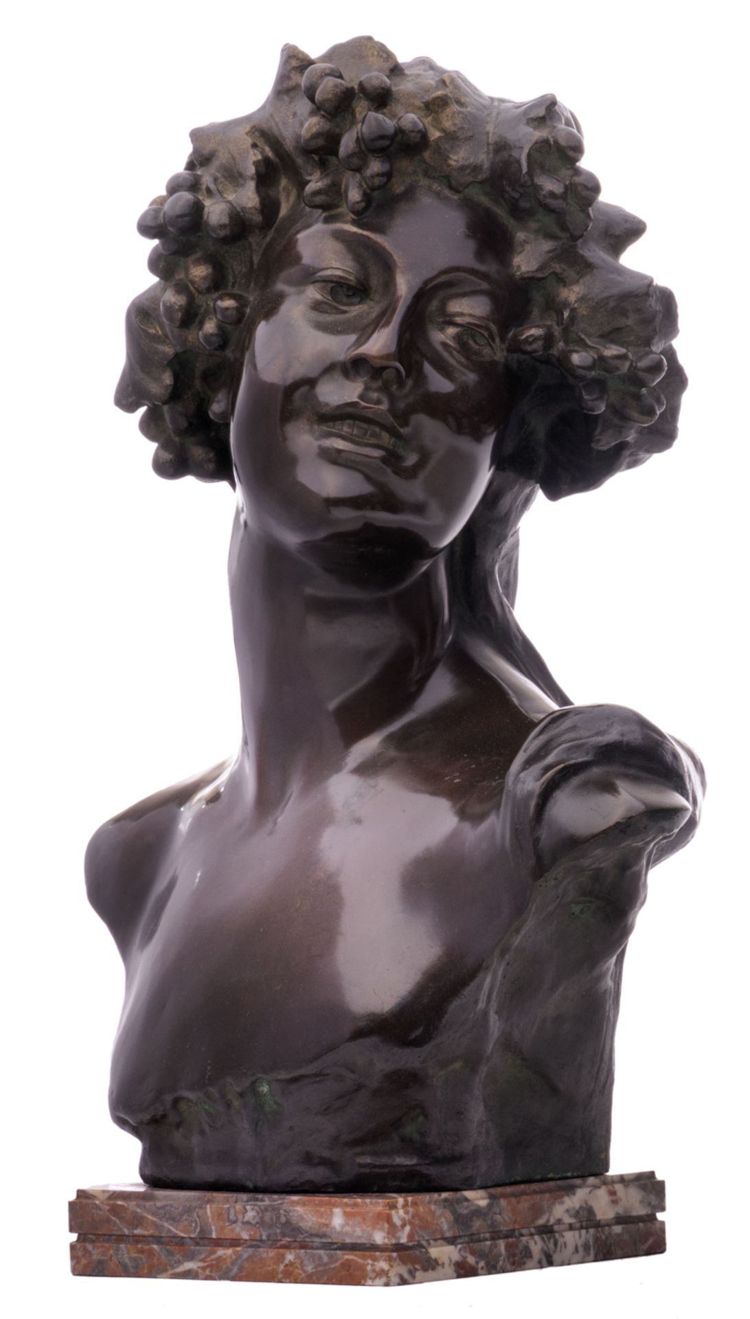 Lambeaux J., a bust of Bacchus, patinated bronze on a Rouge royal marble base, H 58 cm