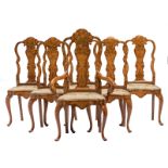 Five 18thC Dutch walnut chairs with marquetry, with accompanying armchair, H 110 - W 50 - D 44 cm