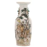 A Chinese polychrome decorated vase with Immortals in a landscape and calligraphic texts, H 61 cm