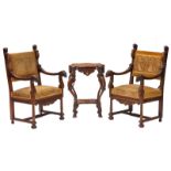 Two Italian Historism walnut armchairs, upholstery in gros point, 19thC; added a Historism walnut