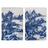 Two Chinese blue and white decorated plaques with figures in a mountainous river landscape, in a