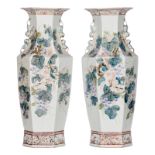 A pair of Chinese polychrome decorated vases, with squirrels on grapevine branches, Fu lions and a