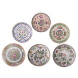 Six Chinese polychrome and famille rose floral decorated dishes, some with figures, antiquities