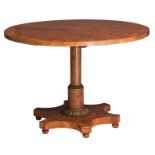 A mid 19thC burl walnut Biedermeier table with bronze mounts, H 74,5 - W 108,5 - D 108,5 cm