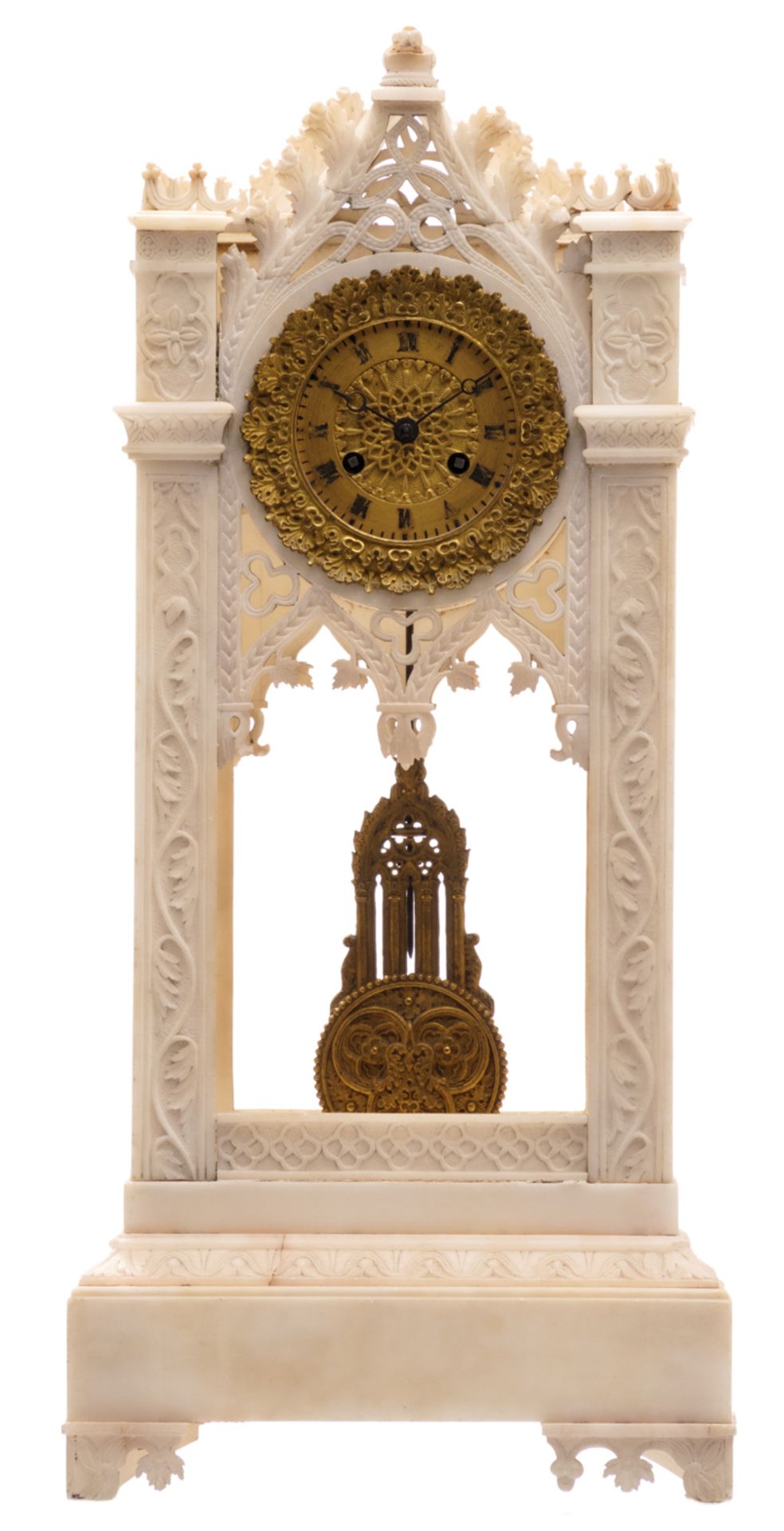 A Gothic revival alabaster mantle clock, about 1850, H 48,5 - W 22 cm