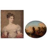 Bate S., a portrait of a lady, watercolour, Regency period; added an animated scene in a landscape