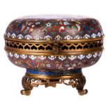 A Chinese bronze cloisonné enamel tripod incense burner, floral decorated, H 16,5 - ø 25 cm