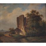 Unsigned, a rest at the ruin, oil on panel, 18thC, 31 x 36 cm