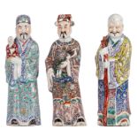 Three Chinese polychrome decorated 'Fu Lu Shou Xing' figures, one marked, about 1900, H 46 cm