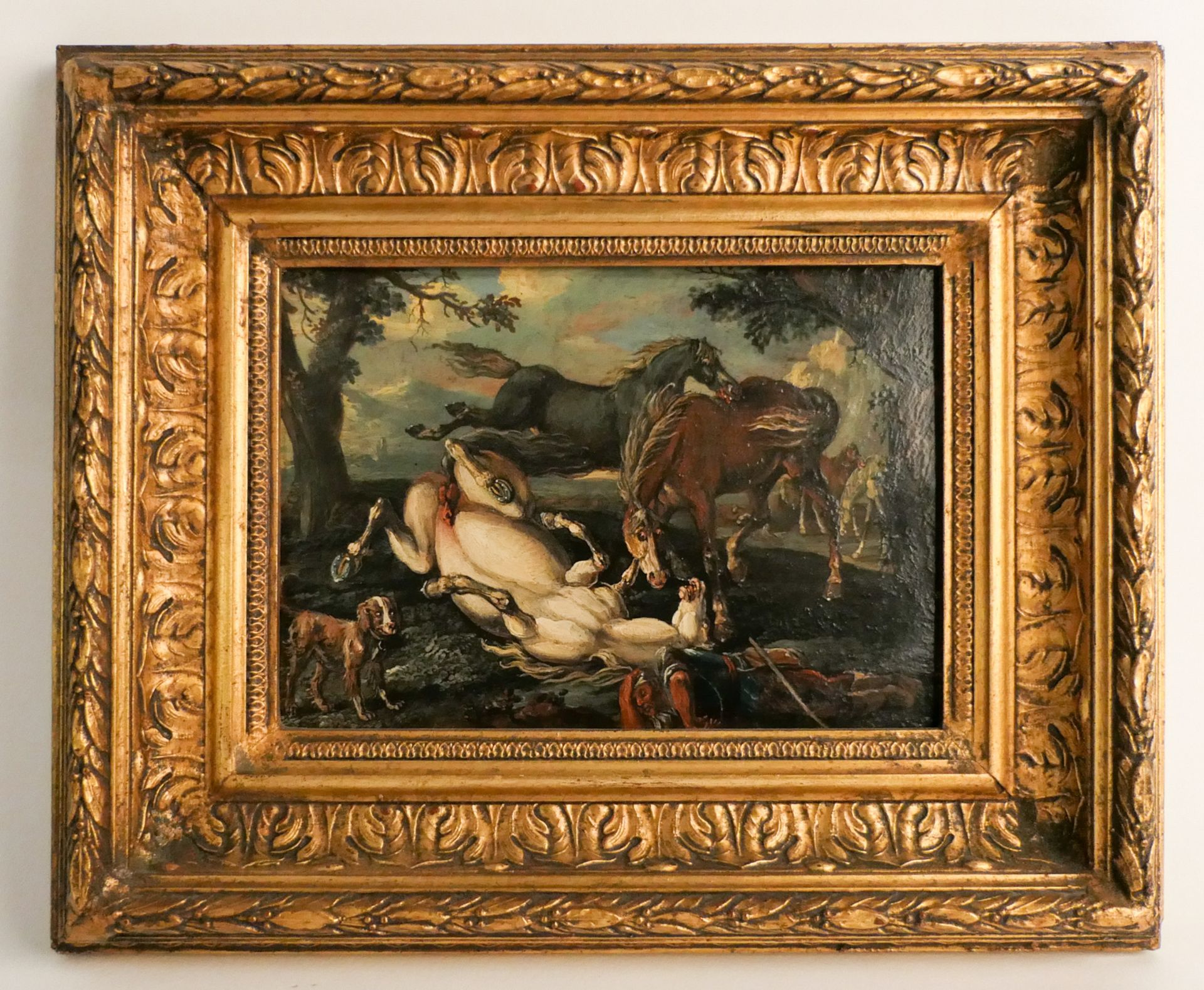 ... Abraham (?), an animated horse study, signed and dated 1727 on the back, oil on metal, 16 x 22,5 - Image 2 of 6