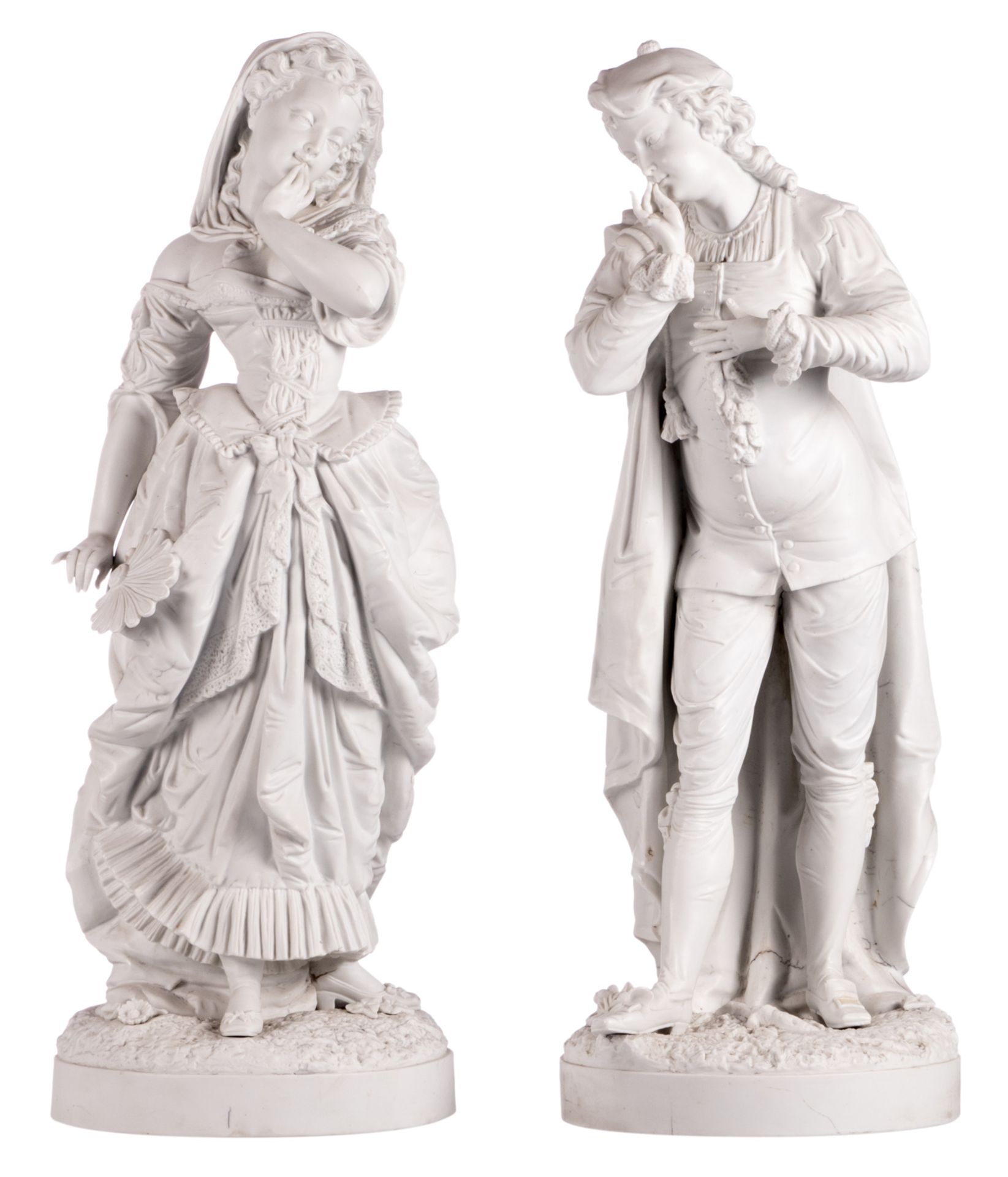 An elegant biscuit couple, presumably French, third quarter of the 19thC, H 70,5 cm